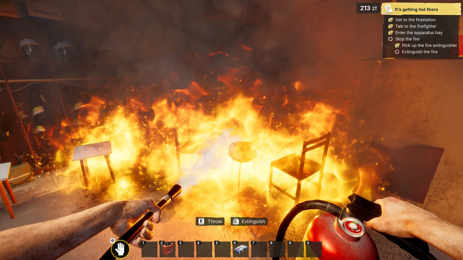 Low-Budget Repairs fire scene with the player holding an extinguisher and fire objectives visible