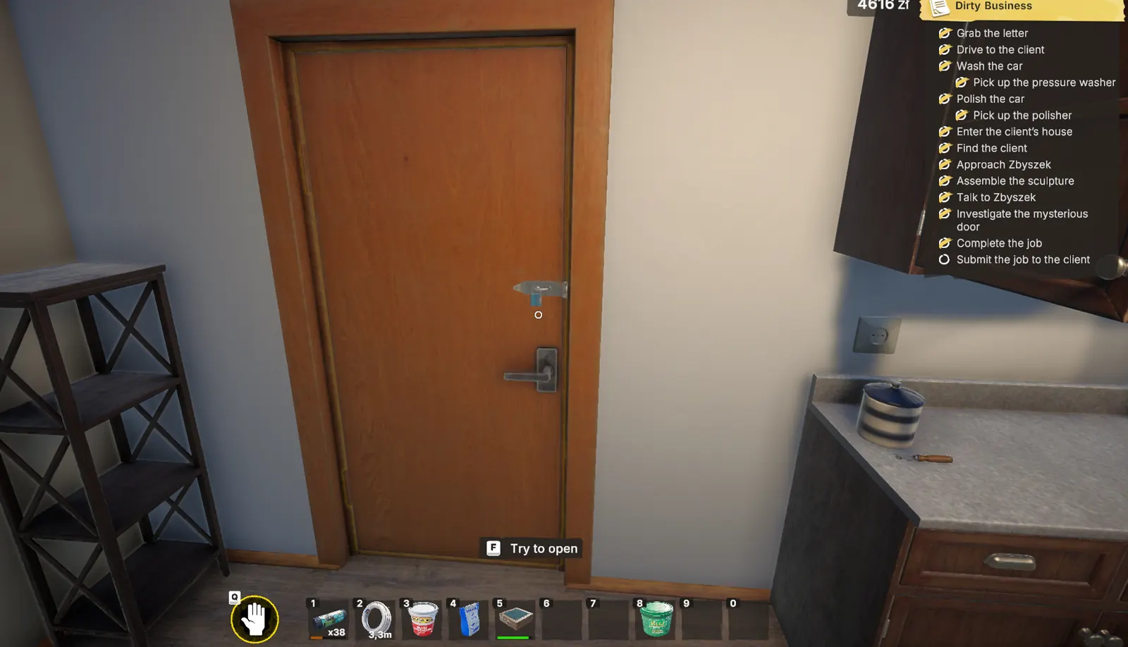Locked interior door in Low-Budget Repairs with the interaction prompt visible