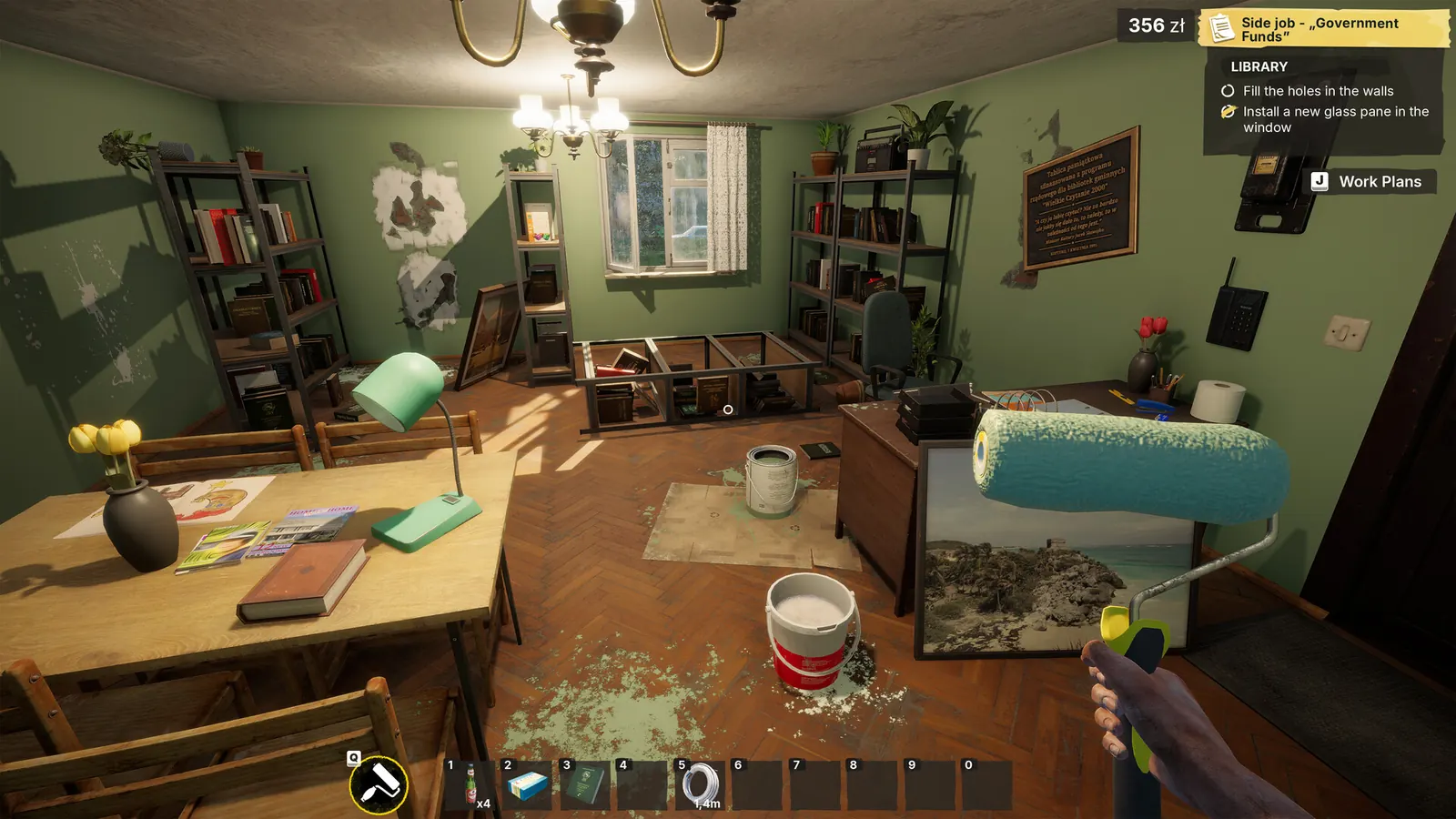 Low-Budget Repairs gameplay showing a room under renovation with the Work Plans objective list visible