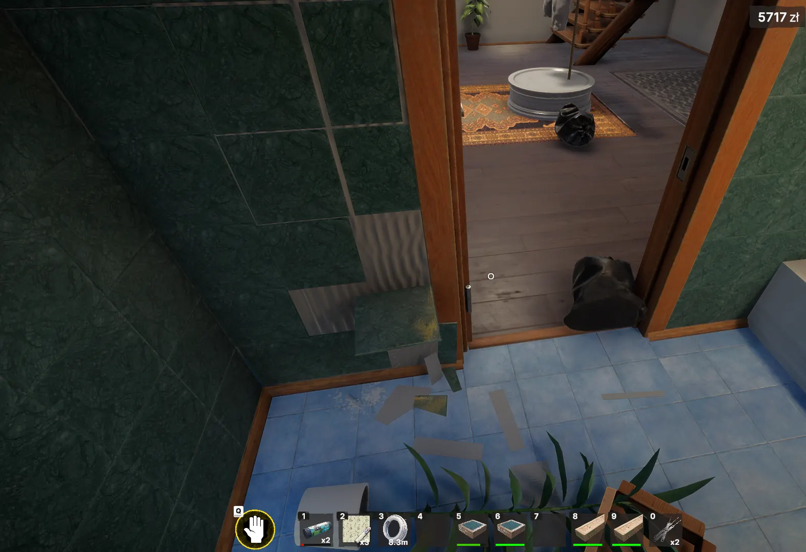 Partly tiled bathroom in Low-Budget Repairs with tile boxes and materials in the hotbar