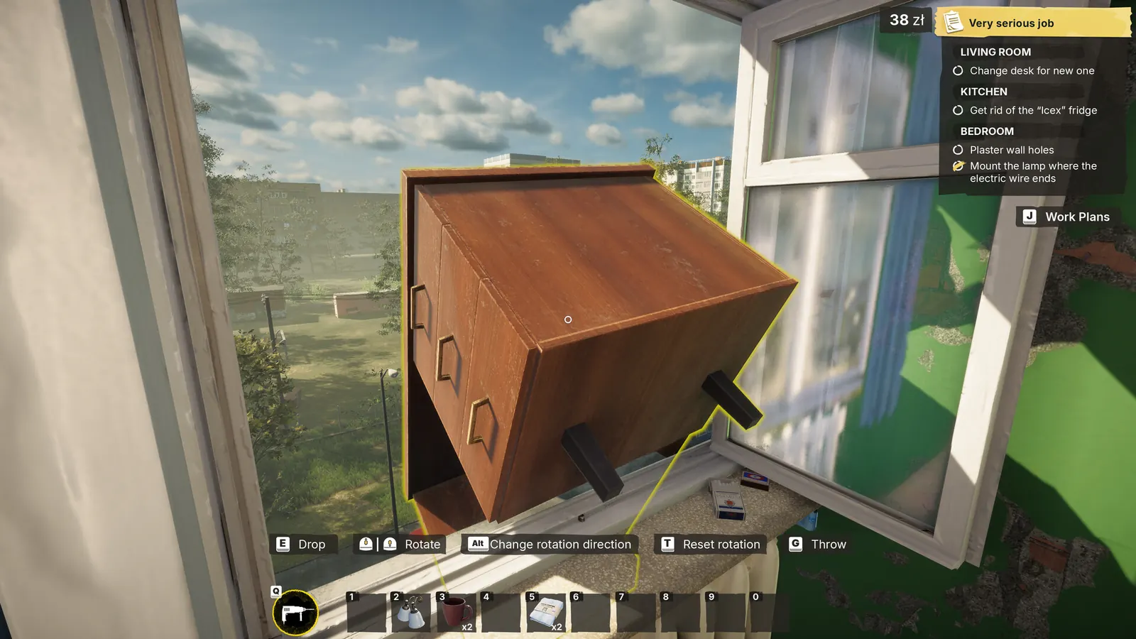 Low-Budget Repairs furniture placement view with a wooden cabinet held in front of a window and context controls visible