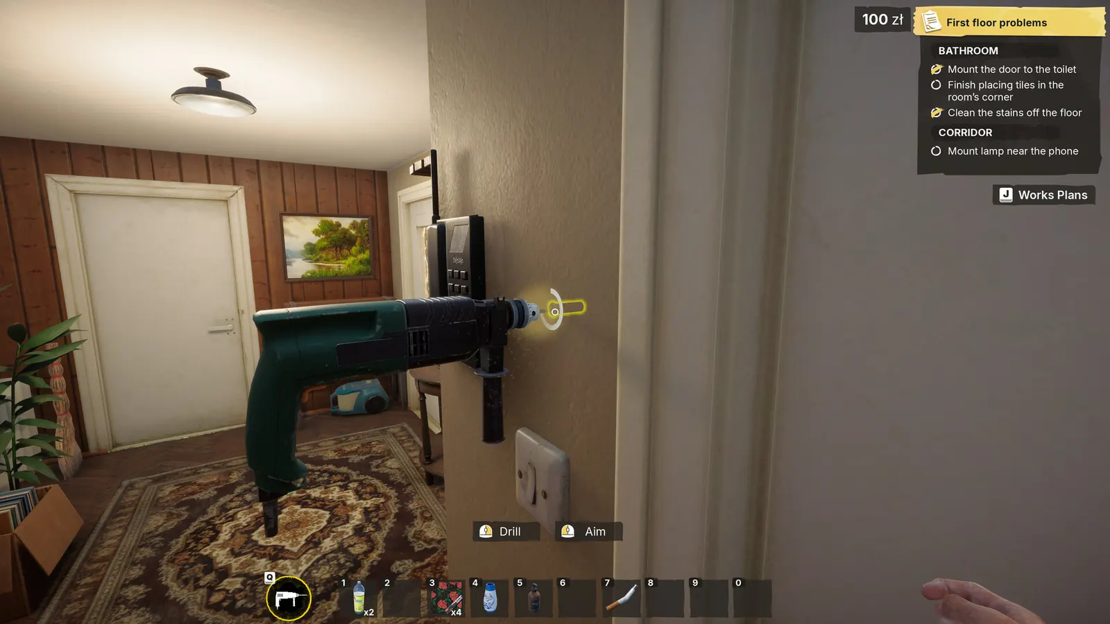 Low-Budget Repairs player holding a drill beside a wall phone while Work Plans remain visible