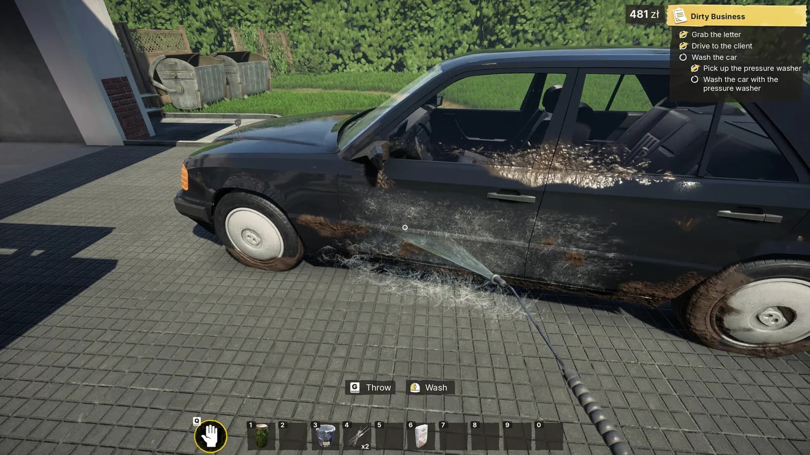Low-Budget Repairs side job showing a player washing a small car outside a garage